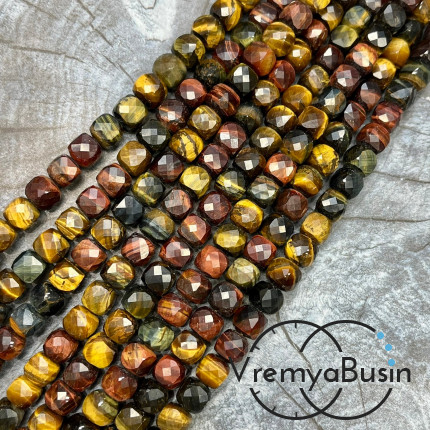 Соколино-тигрово-бычий глаз, кубик ок. 7.5 мм с микроогранкой ювелирн.качества (1/2 нити, ок. 25 шт.)