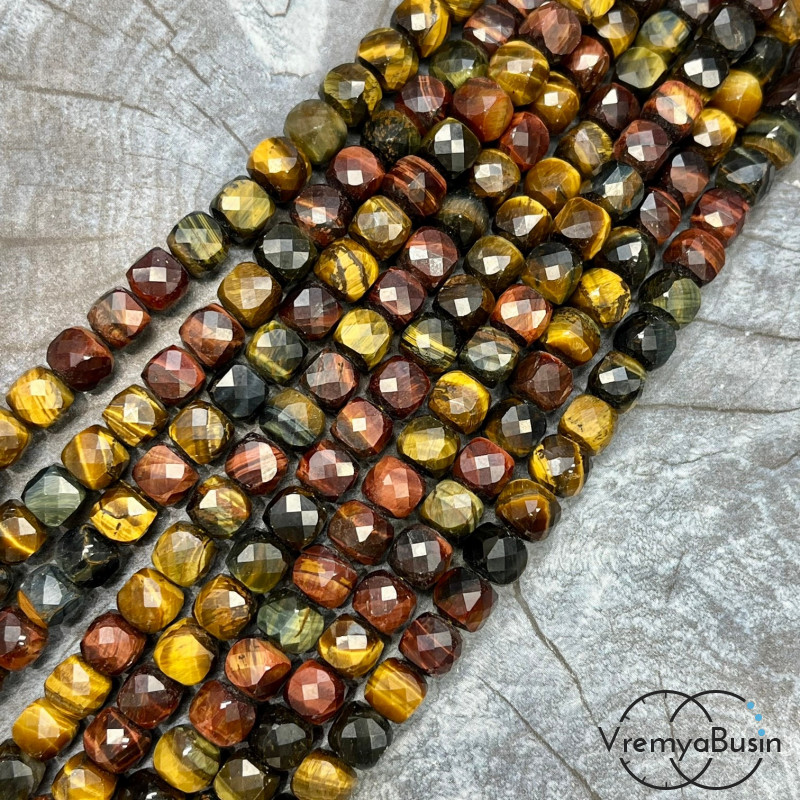 Соколино-тигрово-бычий глаз, кубик ок. 7.5 мм с микроогранкой ювелирн.качества (1/2 нити, ок. 25 шт.)