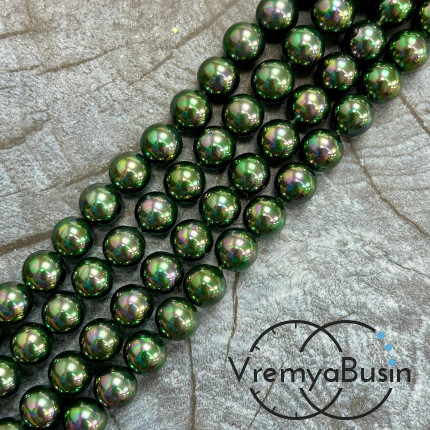 Жемчуг майорка, гладкий шарик 8 мм, цв. изумрудно-черный  (нить, ок. 48 шт.)