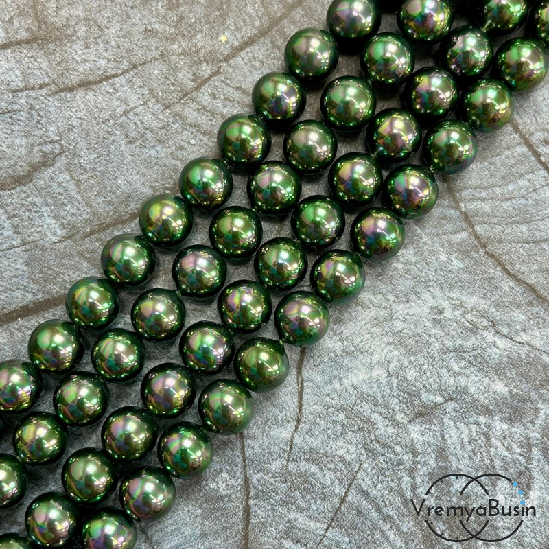 Жемчуг майорка, гладкий шарик 8 мм, цв. изумрудно-черный  (нить, ок. 48 шт.)