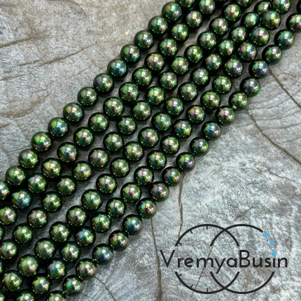 Жемчуг майорка, гладкий шарик 6 мм, цв. изумрудно-черный  (нить, ок. 65 шт.)