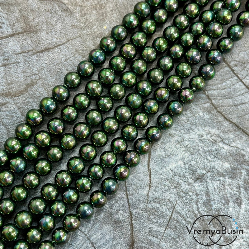 Жемчуг майорка, гладкий шарик 6 мм, цв. изумрудно-черный  (нить, ок. 65 шт.)