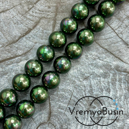 Жемчуг майорка, гладкий шарик 12 мм, цв. изумрудно-черный  (нить, ок. 32  шт.)