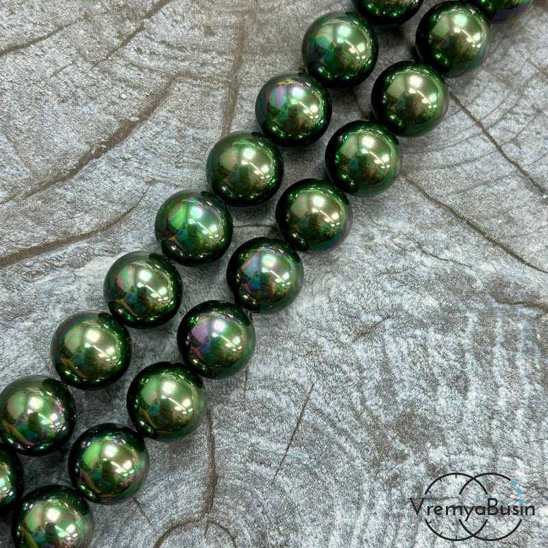 Жемчуг майорка, гладкий шарик 12 мм, цв. изумрудно-черный  (нить, ок. 32  шт.)