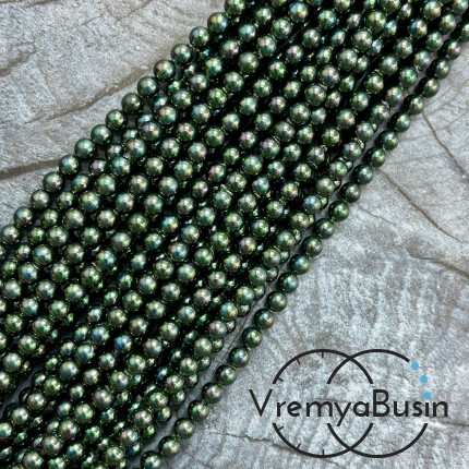 Жемчуг майорка, гладкий шарик 4 мм, цв. изумрудно-черный  (нить, ок. 90 шт.)