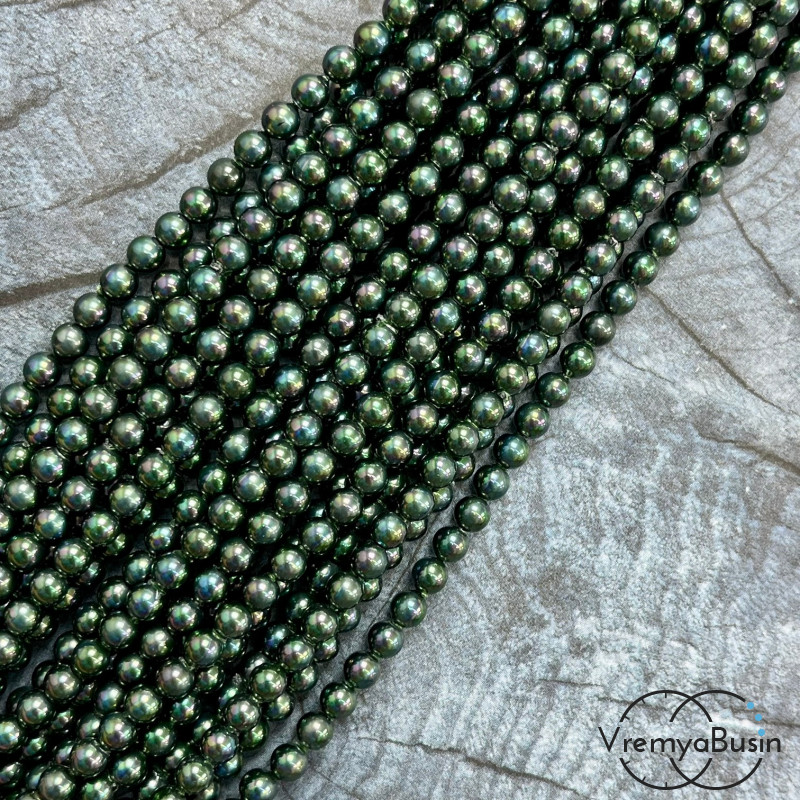 Жемчуг майорка, гладкий шарик 4 мм, цв. изумрудно-черный  (нить, ок. 90 шт.)