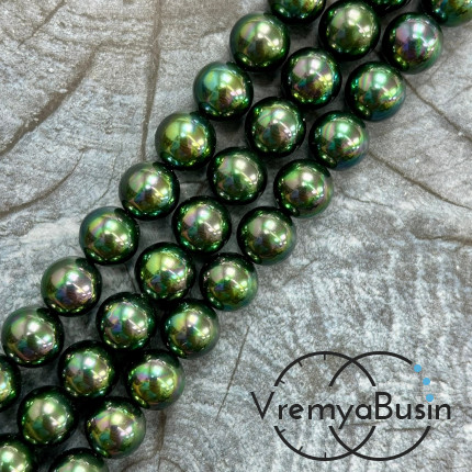 Жемчуг майорка, гладкий шарик 10 мм, цв. изумрудно-черный  (нить, ок. 38 шт.)