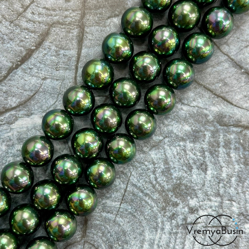 Жемчуг майорка, гладкий шарик 10 мм, цв. изумрудно-черный  (нить, ок. 38 шт.)