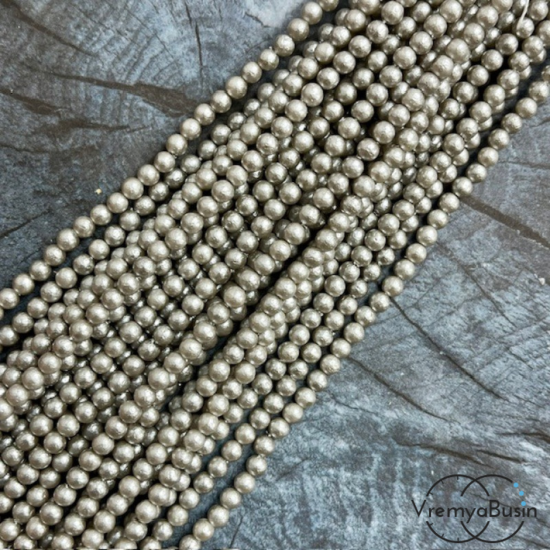 Жемчуг майорка с бархатной поверхностью, шарик 4 мм, цв. серый   (нить, ок. 90 шт.)