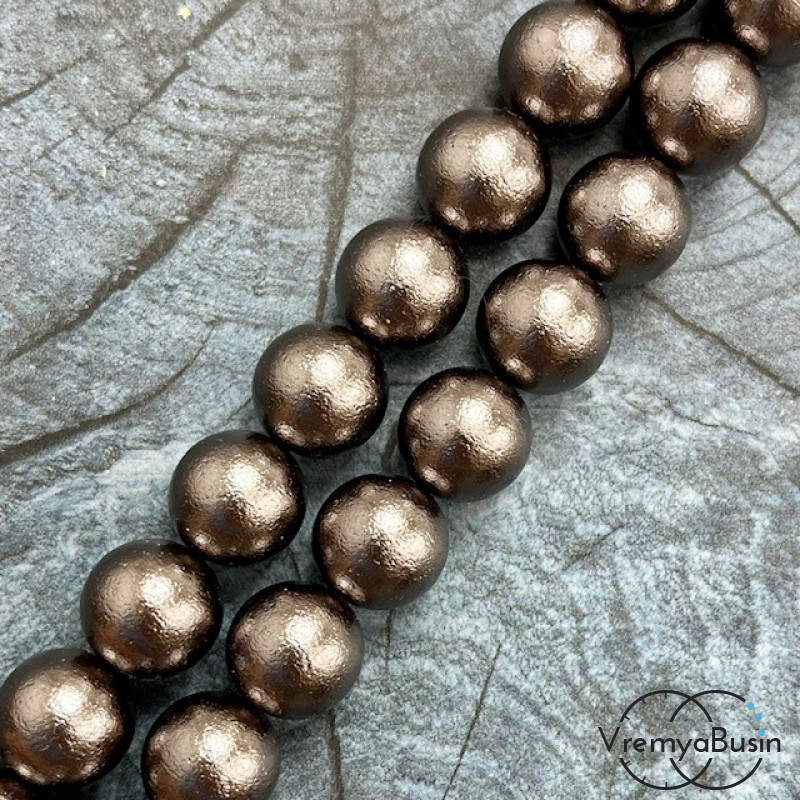 Жемчуг майорка с бархатной поверхностью, шарик 12 мм, цв. шоколадный  (1/2 нити, ок. 16 шт.)