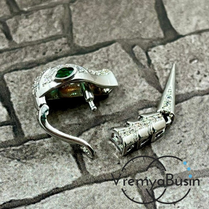 Замок-зажим "Змея", 16х10 + 25х5 мм, латунь с родиевым покрытием и фианитами  (1 шт.)