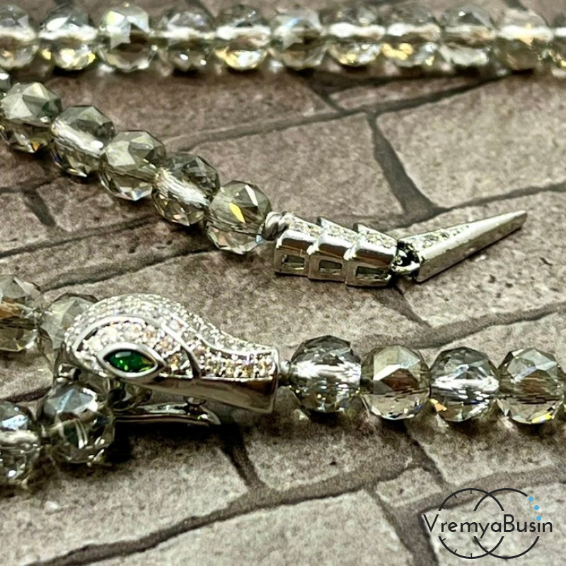 Замок-зажим "Змея", 16х10 + 25х5 мм, латунь с родиевым покрытием и фианитами  (1 шт.)