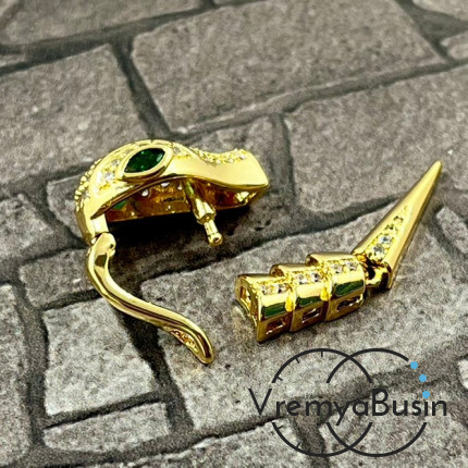 Замок-зажим "Змея", 16х10 + 25х5 мм, латунь с позолотой и фианитами  (1 шт.)