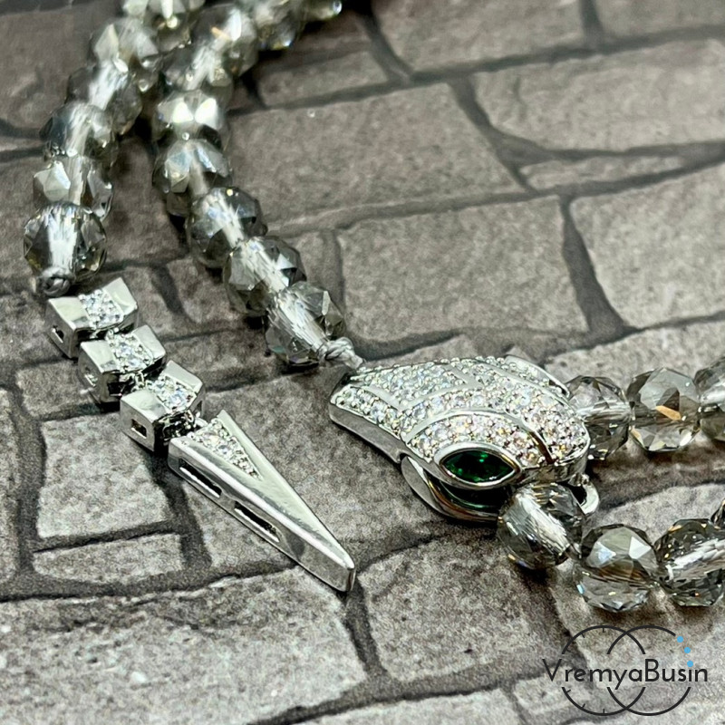 Замок-зажим "Змея", 20х12 + 30х6 мм, латунь с родиевым покрытием и фианитами  (1 шт.)