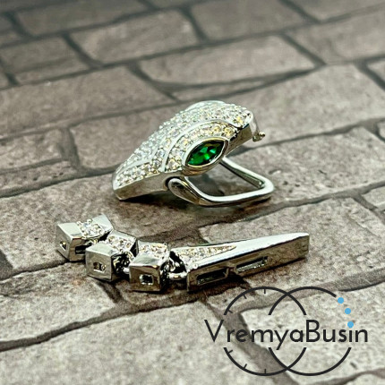 Замок-зажим "Змея", 20х12 + 30х6 мм, латунь с родиевым покрытием и фианитами  (1 шт.)