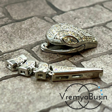 Замок-зажим "Змея", 20х12 + 30х6 мм, латунь с родиевым покрытием и фианитами  (1 шт.)