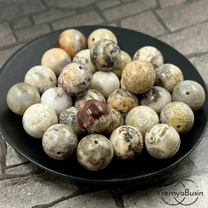 Коралл натуральный окаменелый, бусина шарик гладкий 10 мм (1 шт.)