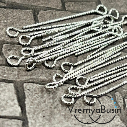 Пины с петелькой рифленые 0.7х30 мм, латунь с родиевым покрытием (10 шт.)