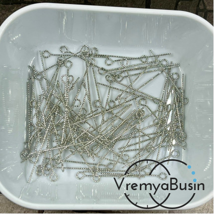 Пины с петелькой рифленые 0.7х30 мм, латунь с родиевым покрытием (упак. 10 гр., ок. 90 шт.)