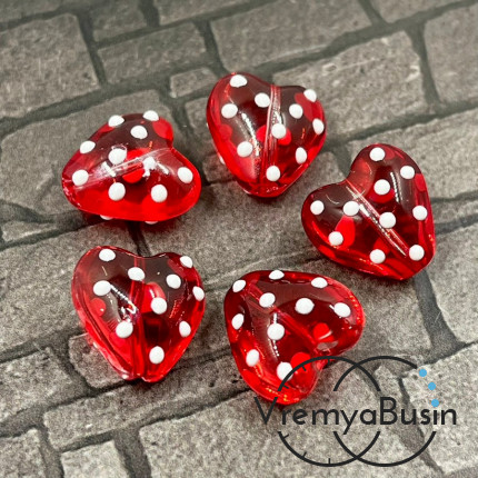 Бусина стеклянная "Сердце в точку", 14 мм, цв. красный  (1 шт.)