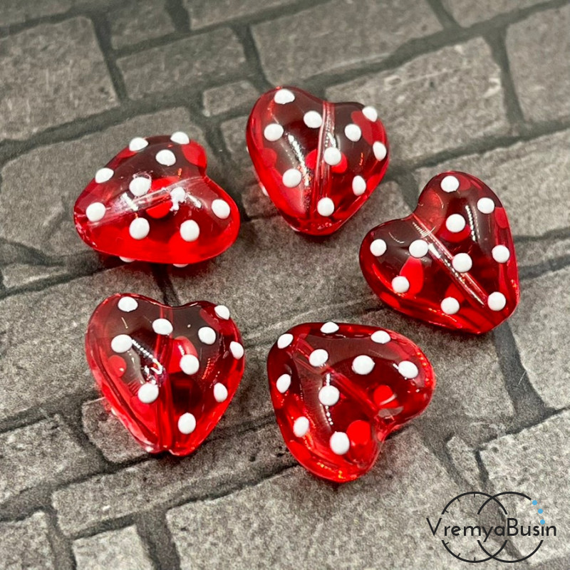 Бусина стеклянная "Сердце в точку", 14 мм, цв. красный  (1 шт.)