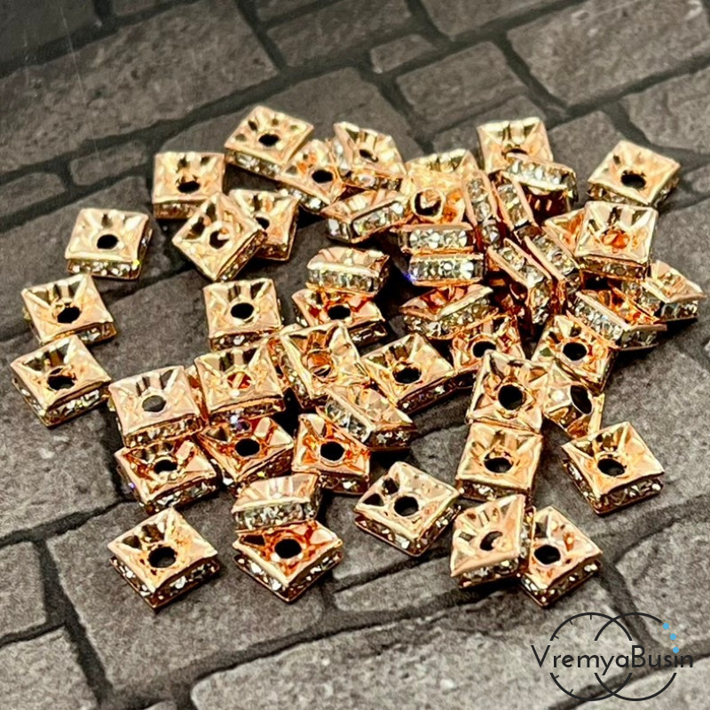 Бусины-разделители квадратные, 6 мм, стекл. стразы цв. кристалл, металл цв. розовое золото (1 шт.)