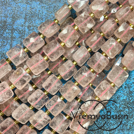 Клубничный кварц, бусины граненые плоские кубики, ок. 10х10х5 мм (нить, ок. 30 шт.)