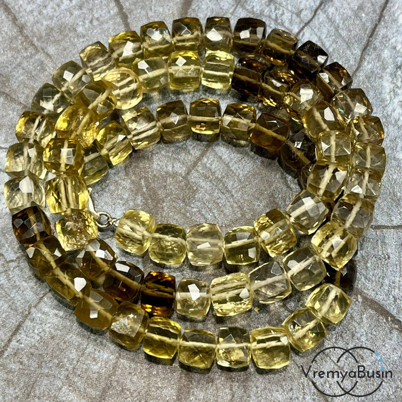 Раухтопаз с цитрином (раутрин), кубик с ювелирной огранкой, ок. 7 мм (нить, ок. 60 шт.)