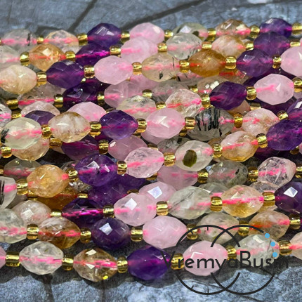 Микс самоцветов, бочонок с ювелирной огранкой, ок. 6х8 мм (нить, ок. 38 шт.)