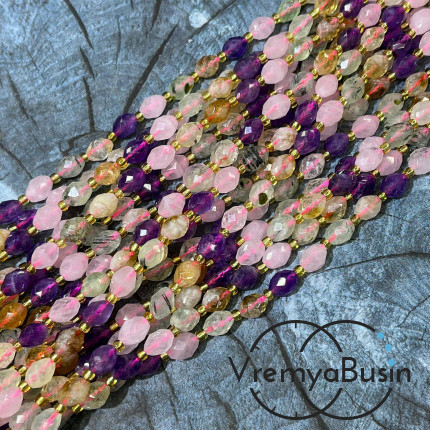 Микс самоцветов, бочонок с ювелирной огранкой, ок. 6х8 мм (нить, ок. 38 шт.)