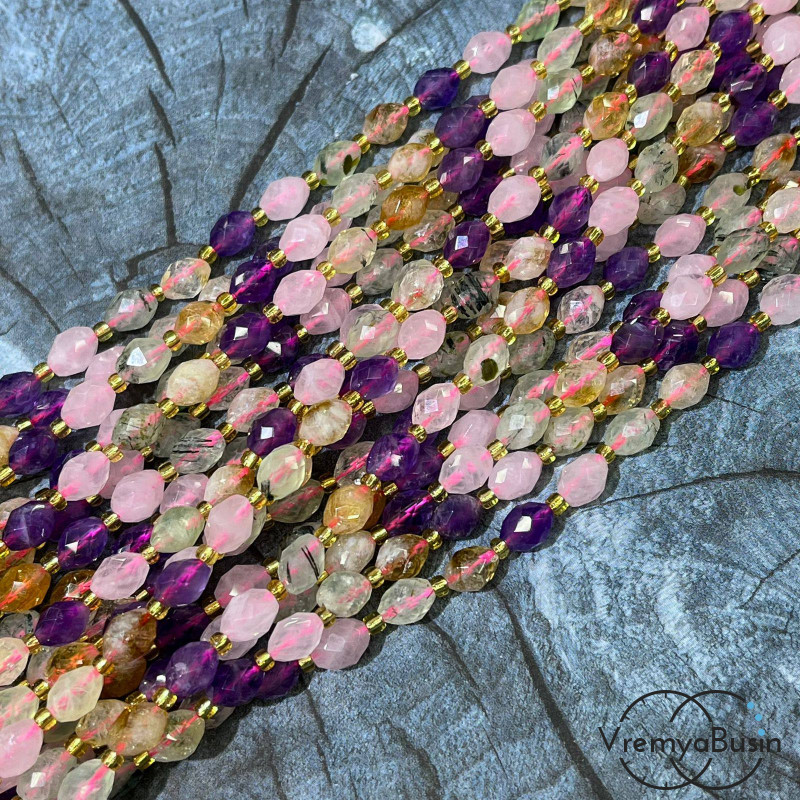 Микс самоцветов, бочонок с ювелирной огранкой, ок. 6х8 мм (нить, ок. 38 шт.)