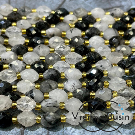 Рутиловый кварц волосатик, бочонок с ювелирной огранкой, ок. 6х8 мм (нить, ок. 38 шт.)