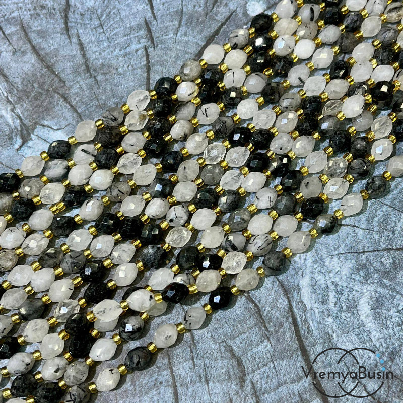 Рутиловый кварц волосатик, бочонок с ювелирной огранкой, ок. 6х8 мм (нить, ок. 38 шт.)