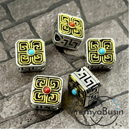 Тибетские бусины металлические, цв. биколор,  12х6 мм (1 шт.)