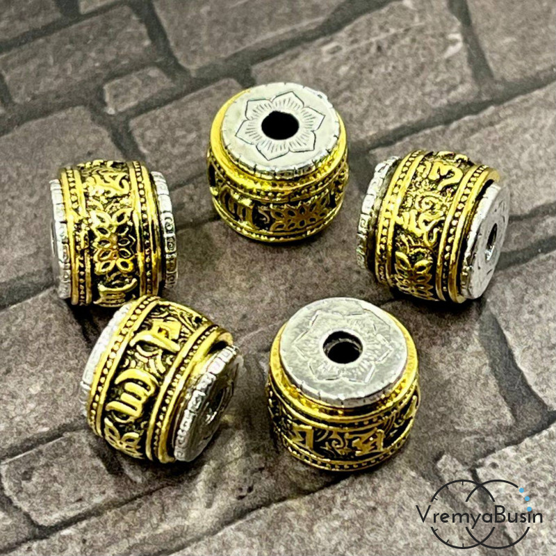 Тибетские бусины металлические, цв. биколор, 9х12 мм (1 шт.)