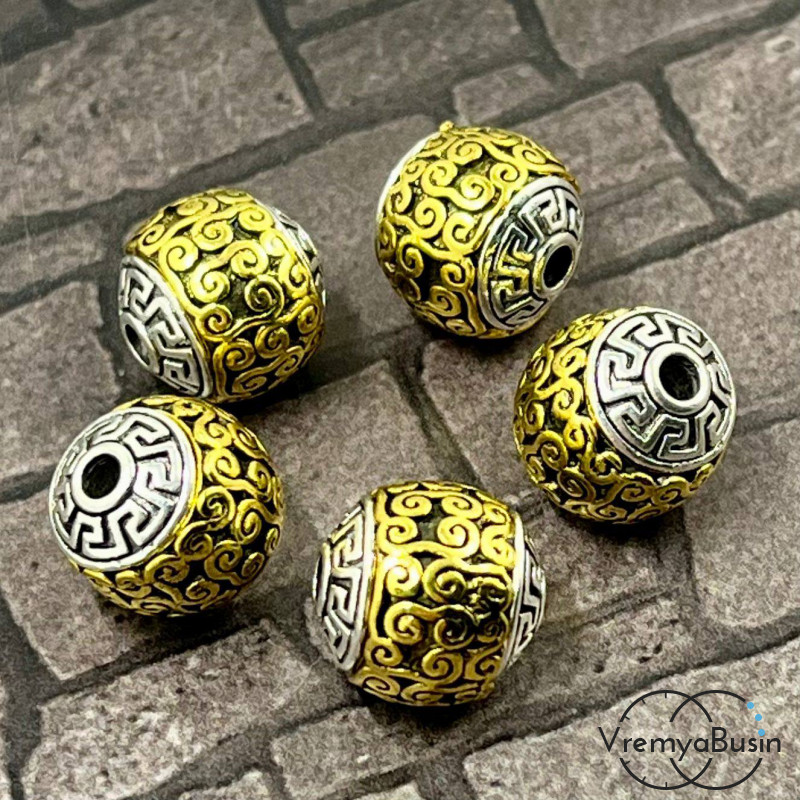 Тибетские бусины металлические, цв. биколор,  11 мм (1 шт.)