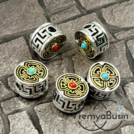 Тибетские бусины металлические, цв. биколор,  10х6 мм (1 шт.)