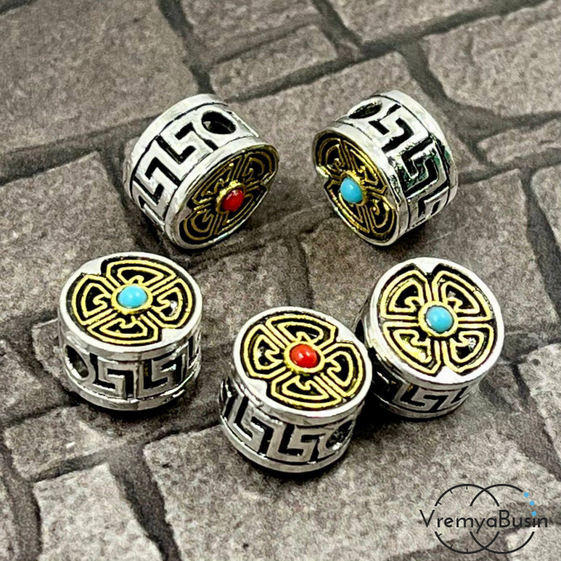 Тибетские бусины металлические, цв. биколор,  10х6 мм (1 шт.)