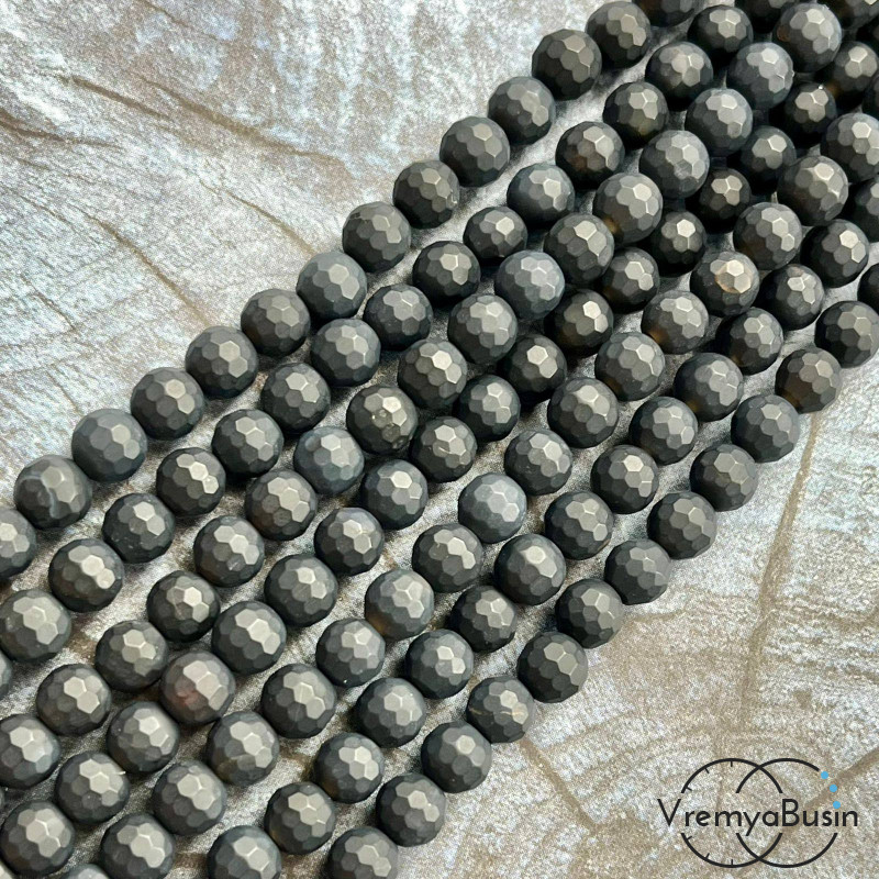 Черный агат матовый, шарик граненый 6 мм (нить, ок. 65 шт.)