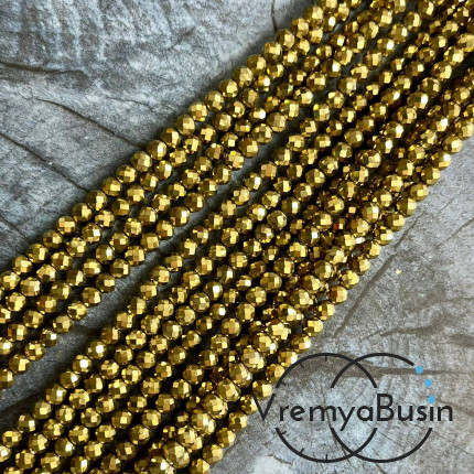 Гематит, шарик 3 мм с искристой мелкой огранкой, цв. золото (нить, ок. 130  шт.)
