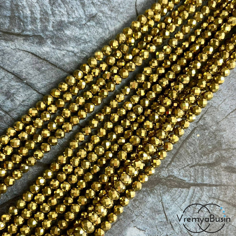Гематит, шарик 3 мм с искристой мелкой огранкой, цв. золото (нить, ок. 130  шт.)
