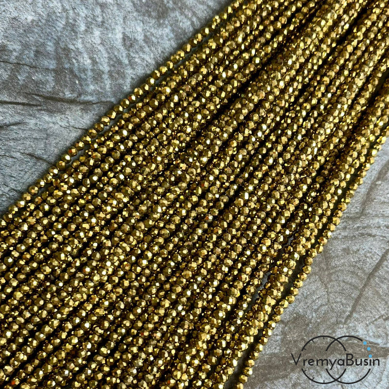 Гематит, шарик 2 мм с искристой мелкой огранкой, цв. золото (нить, ок. 200  шт.)