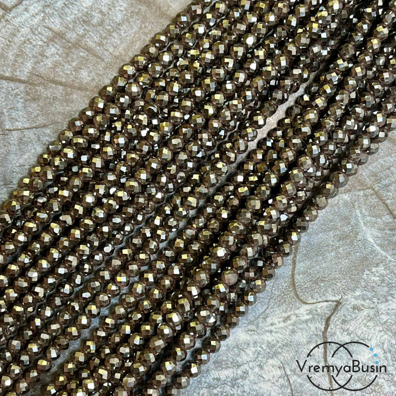 Гематит, шарик 4 мм с искристой мелкой огранкой, цв. черный (нить, ок. 90  шт.)