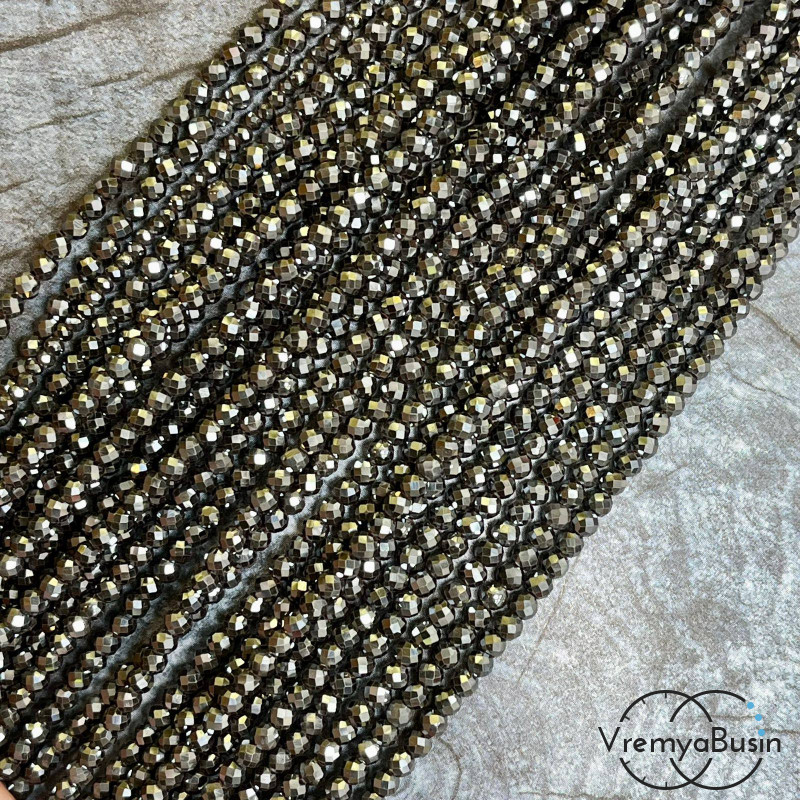 Гематит, шарик 3 мм с искристой мелкой огранкой, цв. черный (нить, ок. 130  шт.)