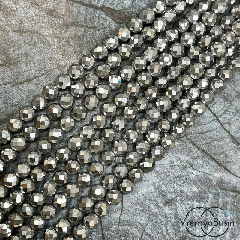 Гематит, шарик 6 мм с искристой мелкой огранкой, цв. серебро (нить, ок. 65  шт.)
