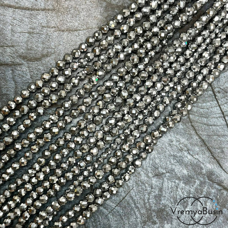Гематит, шарик 4 мм с искристой мелкой огранкой, цв. серебро (нить, ок. 90  шт.)