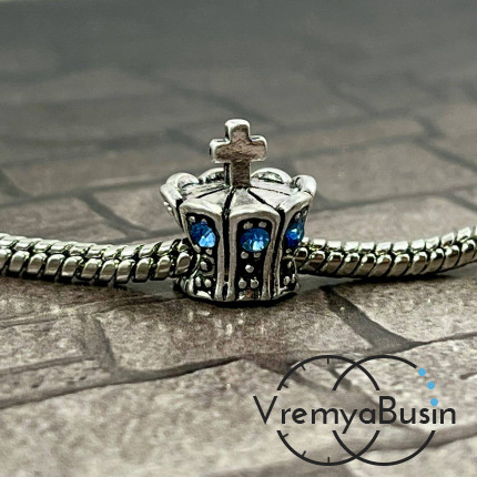 Бусина металлическая со стразами, корона 12х13 мм, цв. голубой  (1 шт.)