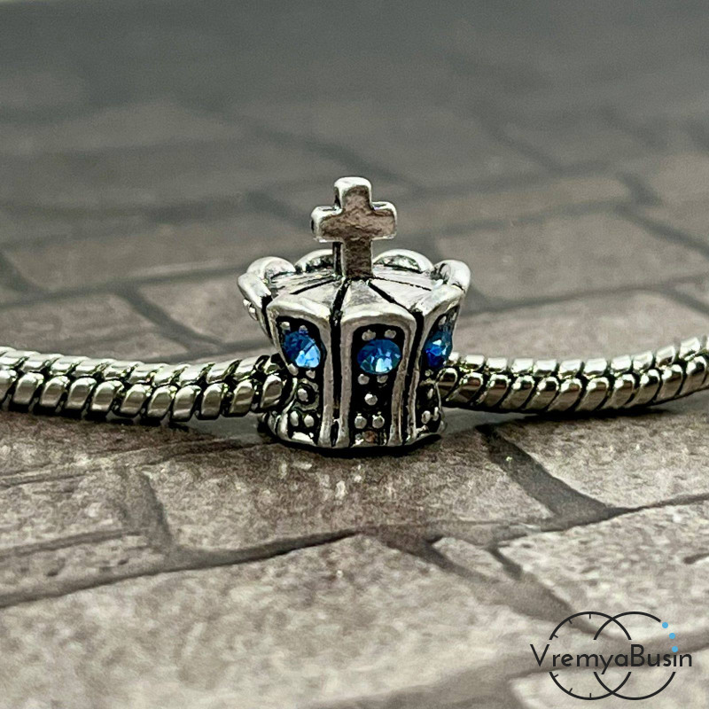 Бусина металлическая со стразами, корона 12х13 мм, цв. голубой  (1 шт.)