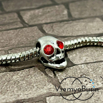 Бусина металлическая со стразами, череп 9х14х8 мм, цв. красный (1 шт.)