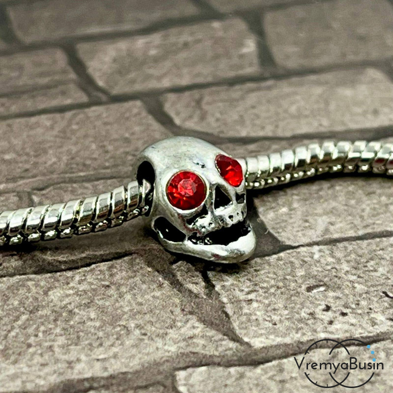Бусина металлическая со стразами, череп 9х14х8 мм, цв. красный (1 шт.)